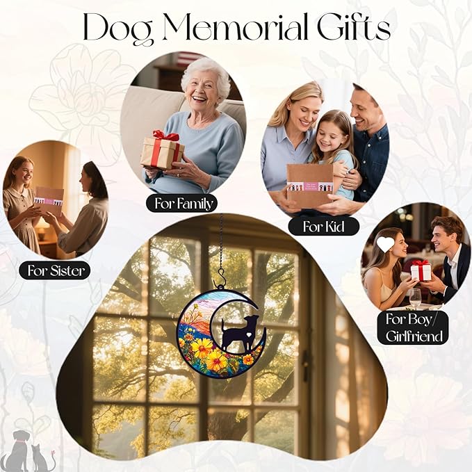 Dog Memorial Gifts for Loss of Dog, Pet Angel Memorial Suncatcher with Sympathy Card, Loss of Pet Sympathy Gift Dog, Dog Remembrance Gift Flower Sunshine