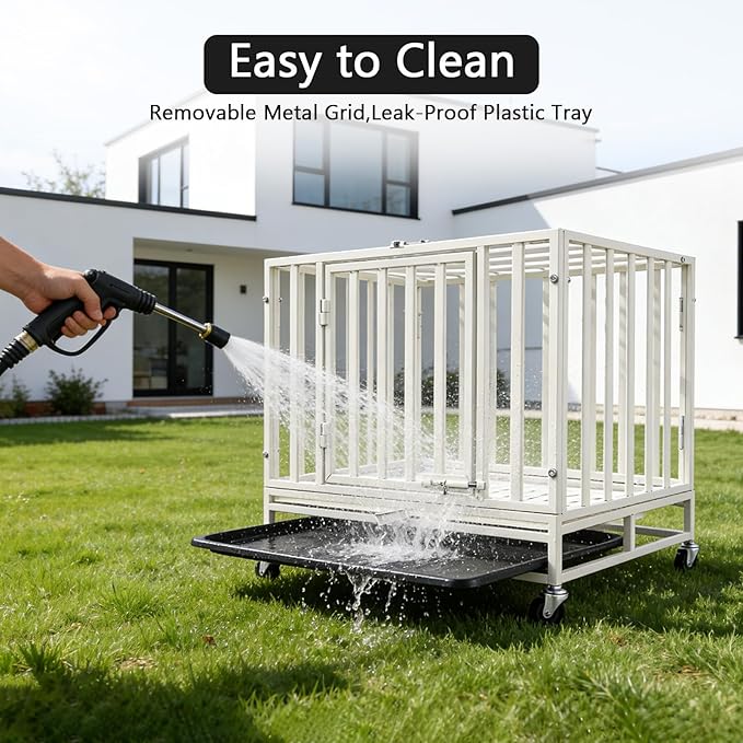 24 Inch Heavy Duty Dog Crate Cage Escape Proof Steel Kennel for High Anxiety Dogs with Sturdy Locks and Removable Tray, Small Dog Crate, White