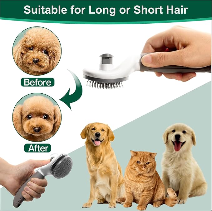 Self Cleaning Slicker Brush with release button for cat, dog, small and large pets, shedding and grooming, massaging tool. Suitable for both long or short hair. (Gray_Large)