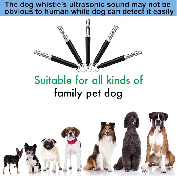 Dog Whistle, Adjustable Pitch Ultrasonic Dog Training Whistle, Stainless Steel Silent Bark Control for Dogs Recall, Stop Barking, with Premium Lanyard, for All Breeds & Sizes (Black)