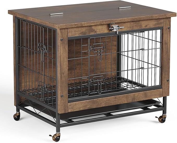 26" Inch Dog Crate Furniture, Small to Medium Pet Cage with Double Doors and Wheels, Chew-Resistant Wooden Indoor Dog House, Kennel Side End Table for Bedroom & Living Room, Rustic Brown