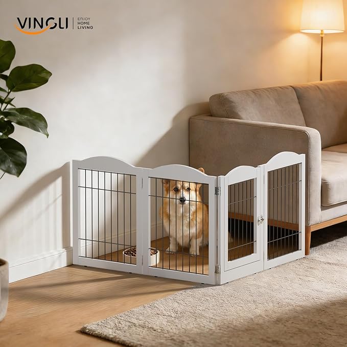 VINGLI Freestanding Dog Gate with Door, Pet Gate with Walk Through Door, Foldable Pet Safety Fence for Stairs Doorways Fireplace (24" H - 4 Panels)