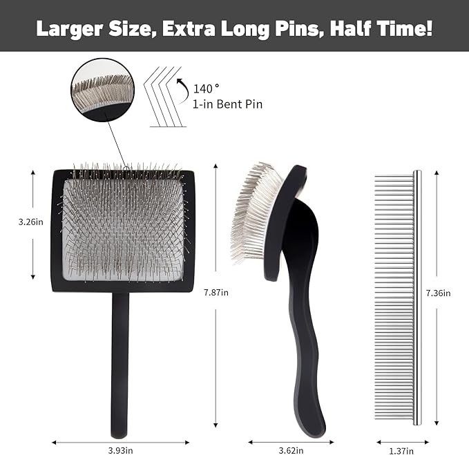 Dog Slicker Brush for Goldendoodles, Poodles & Long Haired Dogs - Long Pin Doodle Brush & Pet Comb Kit Removes Tangles Loose & Knots, Professional Grooming Tools with Wooden Handle, Black