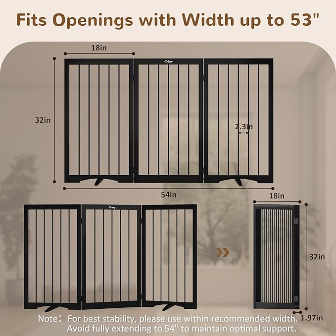 32" Extra Tall Freestanding Dog Gate, Foldable Pet Gate for Doorways Stairs Hallways, 3-Panel Dog Fence with Support Feet for Stability, Folding Puppy Gate Easy to Carry No Drilling 54"x32"