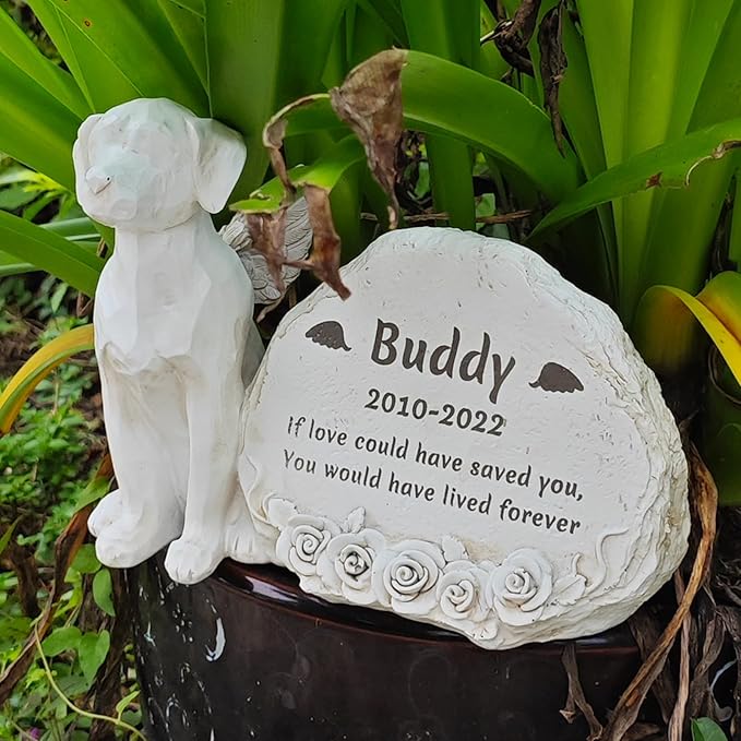 Personalized Dog Angel Memorial Garden Stone Engrave with Any Message, Pet Dog Memorial Grave Marker with Angel Dog Statue, Dog Cemetery Headstone, Dog Tombstone Gravestone, Loss Dog Memorial Gifts