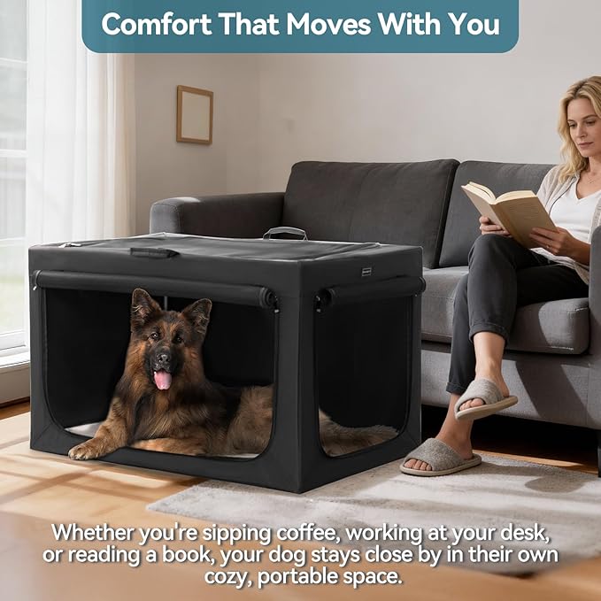 PETSFIT Portable Dog Crate for Large Dogs, – 40" Soft Dog Travel Crates with Lockable Zippers & Thicken Mat, Adjustable Patented Spiral Steel Frame, Collapsible Kennel for Indoor & Outdoor