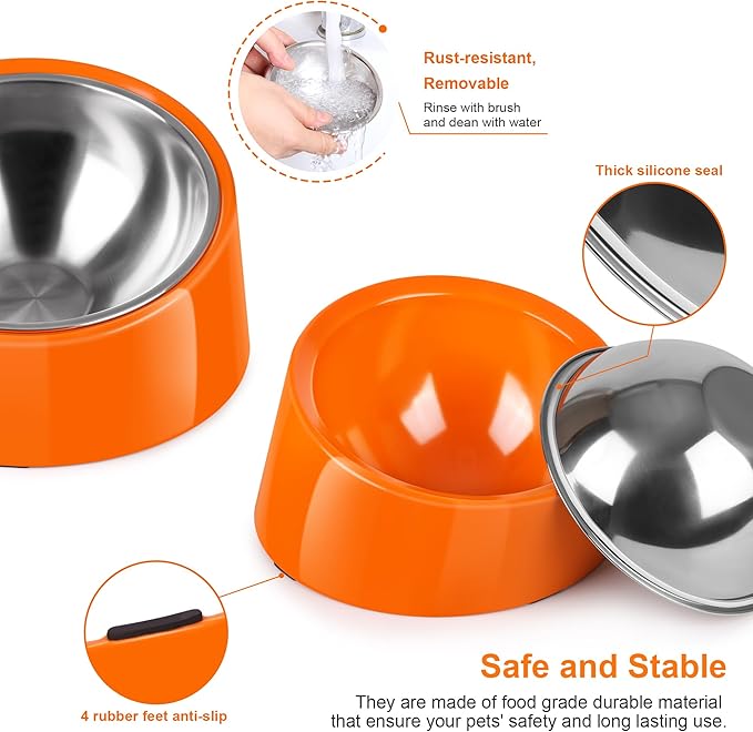 Tilted Dog Bowl Non-Slip & Non-Spill Pet Feeder with Elevated Detachable Melamine Stand, Easy to Get Food Dog Dish, M/180ml Orange