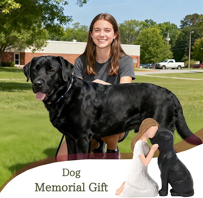 Pet Memorial Figurine for Dog Lovers, Hand-Painted Black Dog Statue, Girl and Pet Keepsake, Friendship Remembrance Gift, Sympathy Memorial for Loss of Beloved Pet(Black)