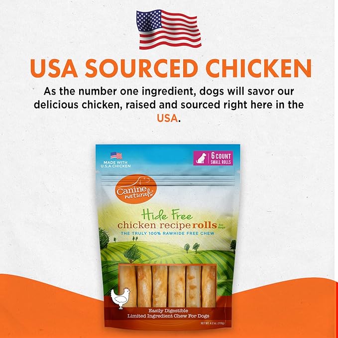 Canine Naturals Chicken Recipe Chew - Rawhide Free Dog Treats - Made from USA Raised Chicken - All-Natural and Easily Digestible - Mini (6 Count) for Dogs Under 20 lb