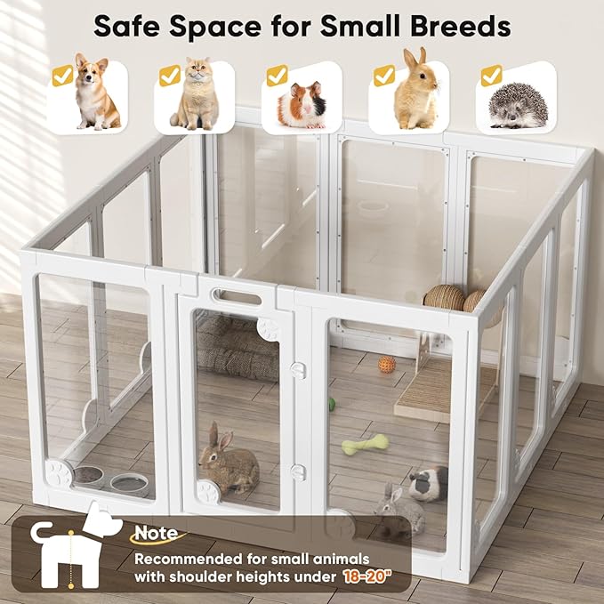 Clear Acrylic Dog Play Pen Indoors, Transparent Puppy Playpen with Door for Small Dogs Puppies, Modular Plastic Pet Playpen Cage Fence Crate for Cat Kitten Rabbit (White, 30 Inch Tall - 2 Panels)