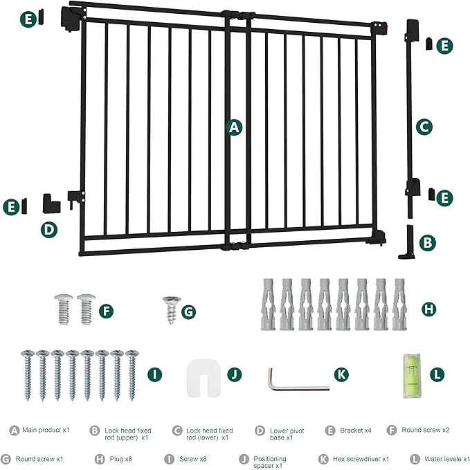 26.5-43" No Bottom Bar Baby Gate for Stairs and Doorways, 29" Tall Hardware-Mounted Baby Gate for Top and Bottom Stairs, Auto-Close Dog Gate Indoor with Extra Wide Walk Thru
