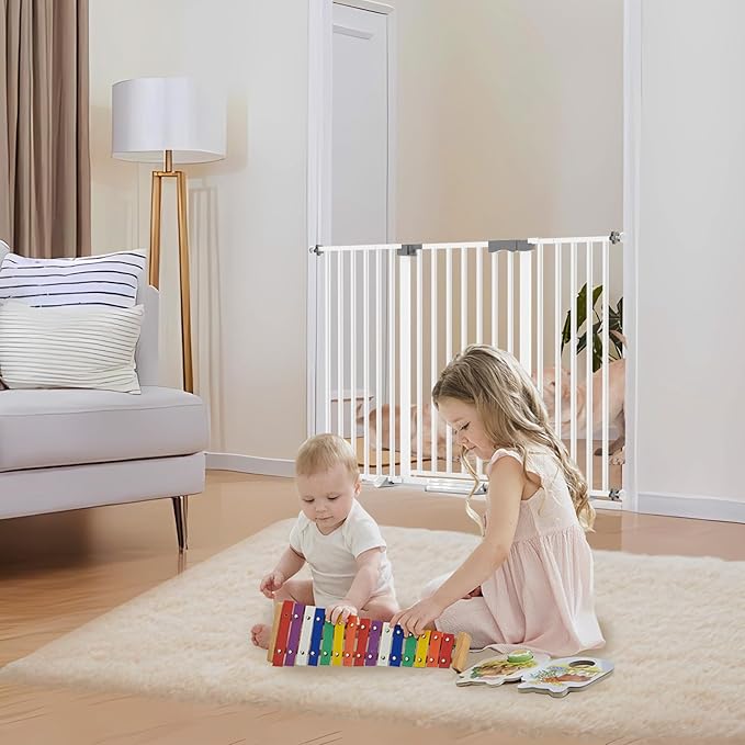 41'' Extra Tall Baby Gate for Large Dogs Pets Indoor No Jumping Over, 46-54.7'' Wide Heavy Duty Puppy Gate for Doorways, Pressure Mounted Metal Gate for Child Toddler No Tools Needed(White)
