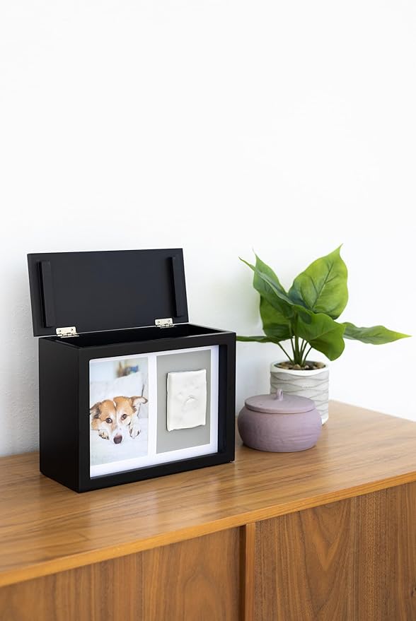 Pearhead Pet Memory Box & Urn – Solid Wood, Black Finish, Personalized Keepsake with Clay Paw-Print Kit & 4" × 6" Photo Frame – Holds Ashes, Collars, Special Toys & Memories