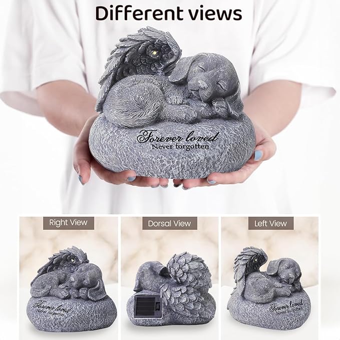 Pet Memorial Gifts for Dogs,Hand-Sculpted Resin Pet Loss Sympathy Gift with LED Light, Pet Angel Sleeping Dog Memorial Stone Statue Pet Headstone Grave Markes for Loss Dog Sympathy Gift