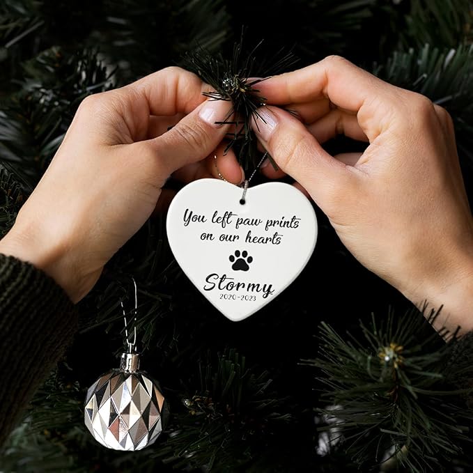 Personalized Pet Memorial Ornament for Dog or Cat - You Left Paw Prints on Our Hearts - Heart Ceramic Ornaments Hanging Decoration for Christmas Tree
