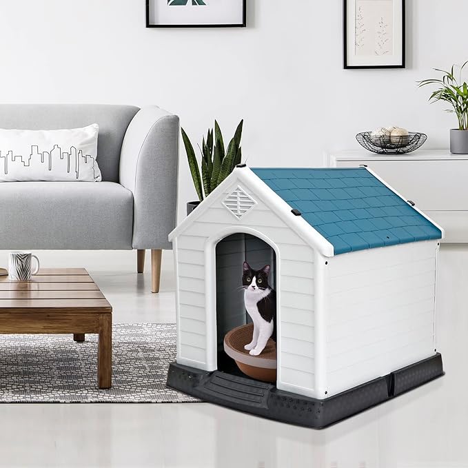 Large Plastic Dog House Indoor Outdoor Durable Ventilate Doghouse for Small Medium Large Dogs Insulated Puppy Shelter w/Air Vents Elevated Floor Waterproof Blue