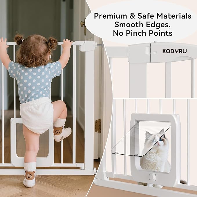 30 Inch Tall Dog Gate with Cat Door, Adjustable Width (29.7-57 Inches) for Doorways, Hallways & Stairs, Pressure-Mounted Walk-Through Dog Gate with Auto-Close & Double Lock Safety(White)