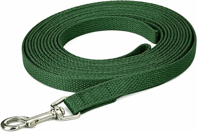 Cotton Dog Training Lead, 15ft, Green, Soft Woven Dog Training Leash for Obedience, Recall, and Control Training