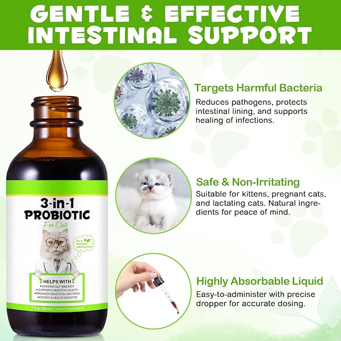 Probiotics for Cats Liquid, Cat Probiotic, 3 in 1 Cat Probiotics Supplement with Prebiotic & Digestive Enzymes | Support Gut Health, Diarrhea and Constipation Relief, Suitable for All Cats, 60 ml