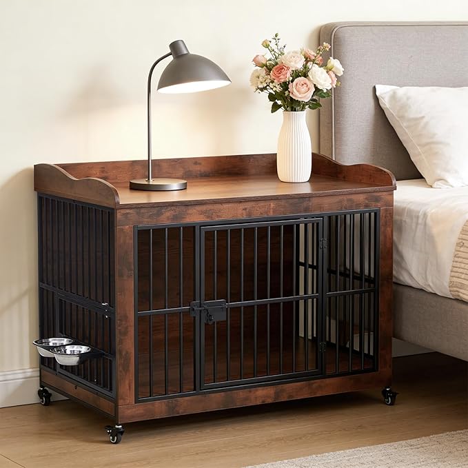 32" Dog Crate Furniture for Small Medium Dogs, Steel Solid Wood Dog Kennel Indoor, Escape-Proof Lock & Chew-Resistant, Home Décor Integration Multi-Purpose Pet Cage Furnitures