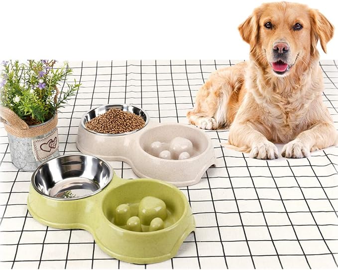 Tineer Double Pet Dog Slow Feeder Bowl,Stainless Steel Anti-Choke Puppy Food and Water Feeder for Dog Cats (White)