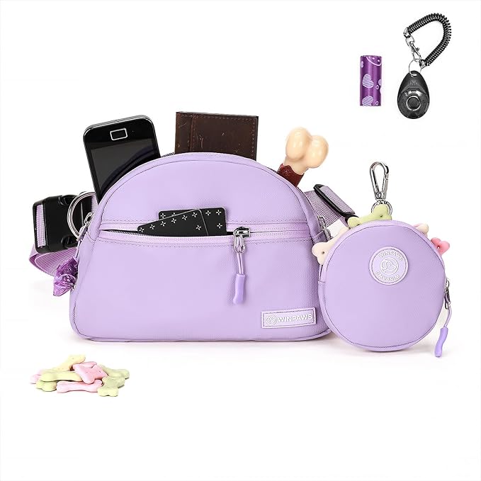 Dog Treat Pouch Pet Training Walking Fanny Pack with Built-in Poop Bag Dispenser & Waste Bag Holder | Stylish Puppy Training Essentials Supplies | Free Dog Clicker (Lavender)