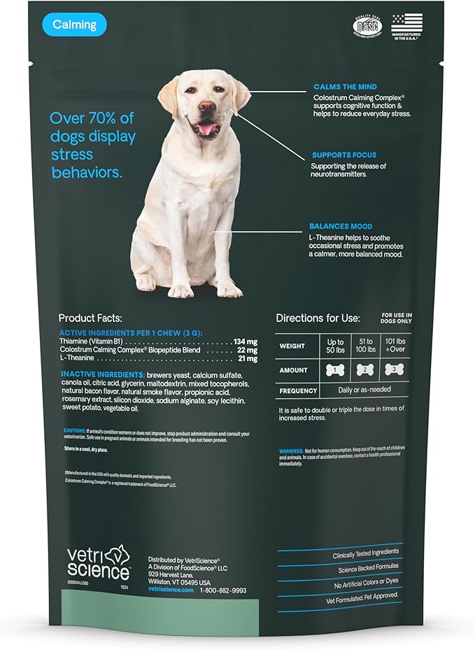 VetriScience Clinically Tested Composure Calm & Confident Chews - Supplement for Dogs with Anxiety, Stress & Fear with L-Theanine for Thunderstorms, Fireworks or Travel, Bacon, 60 Count