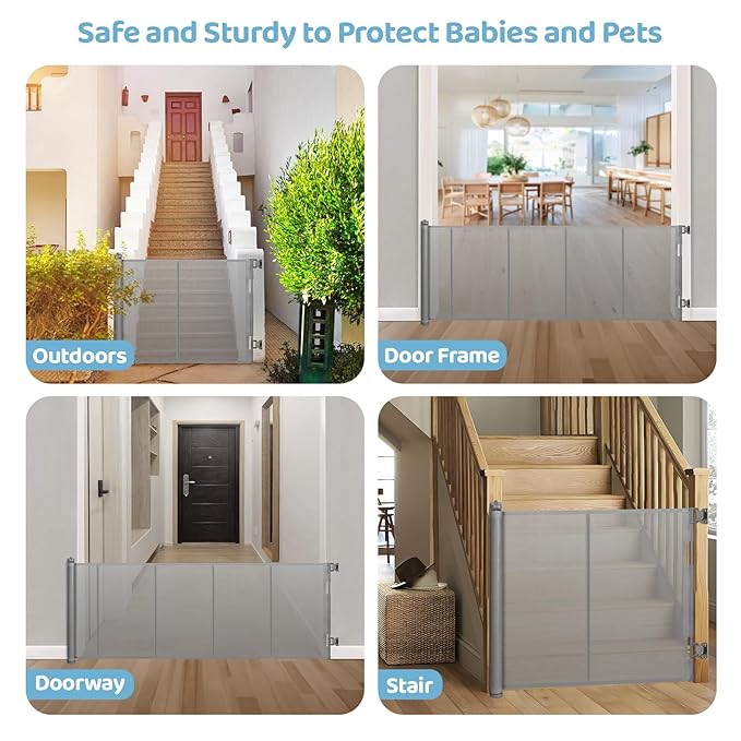 120 Inch Extra Wide Retractable Baby Gate for Large Opening, 33” Tall, Upgraded Dog Gate with Fiberglass Rods for Doorways, Indoor & Outdoor and Stairs, Gray