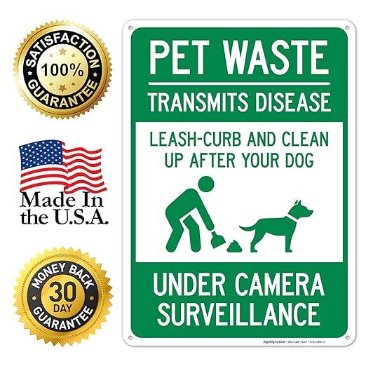 Pet Waste Leash-Curb and Clean Up After Your Dog Under Camera Surveillance Sign, (SI-63188) 10x14 Inches, Rust Free .040 Aluminum, Fade Resistant, Made in USA