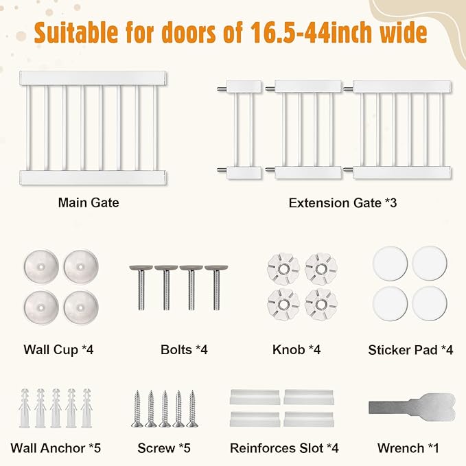 Metal Short Dog Gate - 16.5"-44" Adjustable Extra Wide, 14" Tall Pressure Mount Indoor Pet Gate, Easily Step Over Dog Gates with 3 Extension Kits, Small Puppy Gate for Doorways & Stairs