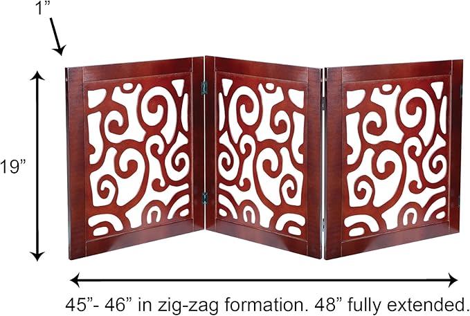 Safety Pet Gate for Dogs – Free-Standing & Foldable - Decorative Scroll Wooden Fence Barrier – Stairs & Doorways (Mahogany)