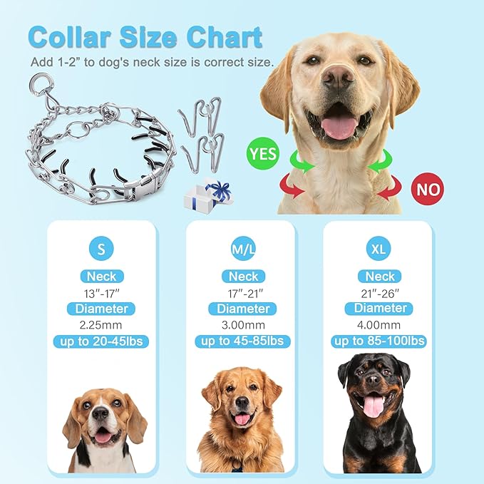 Prong Training Collar for Dogs, Adjustable Dog Training Pinch Collar with Quick Release Buckle, No Pull Collar for Small Medium Large Dogs, Extra Link and Caps (XL (21-26" Neck, 4.0mm))