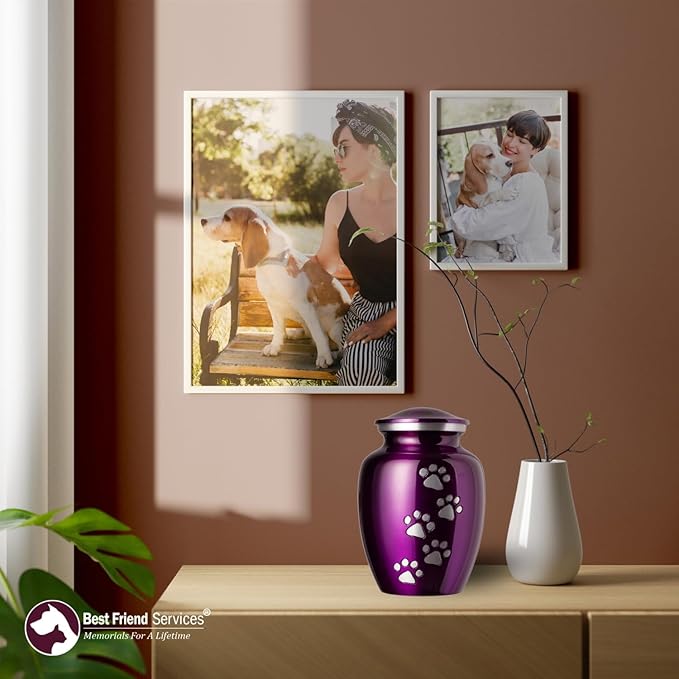 Ottillie Paws Legacy Series Pet Urn for Dogs, Handmade Aluminum Memorial Cremation Urn (X-Large - Pets up to 170 lbs, Deep Violet, Vertical Pewter Paws)