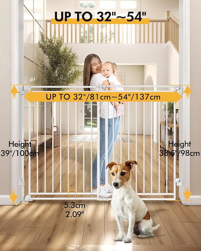 Baby Gate for Stairs Doorways & Kitchen, Extra Wide 32"-54" W x39 H Extra Tall, No Bottom Bar Dog Gate, One-Handed Auto-Close, Hardware Mount Safety Gate for Dogs & Toddlers, White