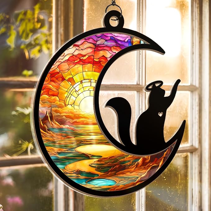 Cat Memorial Christmas Ornament, Memorial Window Hanging Suncatcher Ornaments, Black Cat Memorial Gifts for Loss of Cats, Pet Loss Sympathy Gift for Pet Lovers Women, Memorial Ornaments
