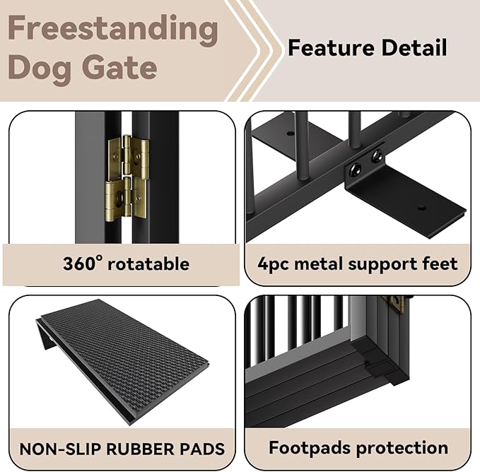 Full Metal Freestanding Dog Gate with Door, 36''Height Foldable Pet Dog Fence for Indoor & Outdoor, 3 Panels Extra Wide Free Standing TallDog Gates for Doorways,House,Stairs,Porch,Deck,Yard