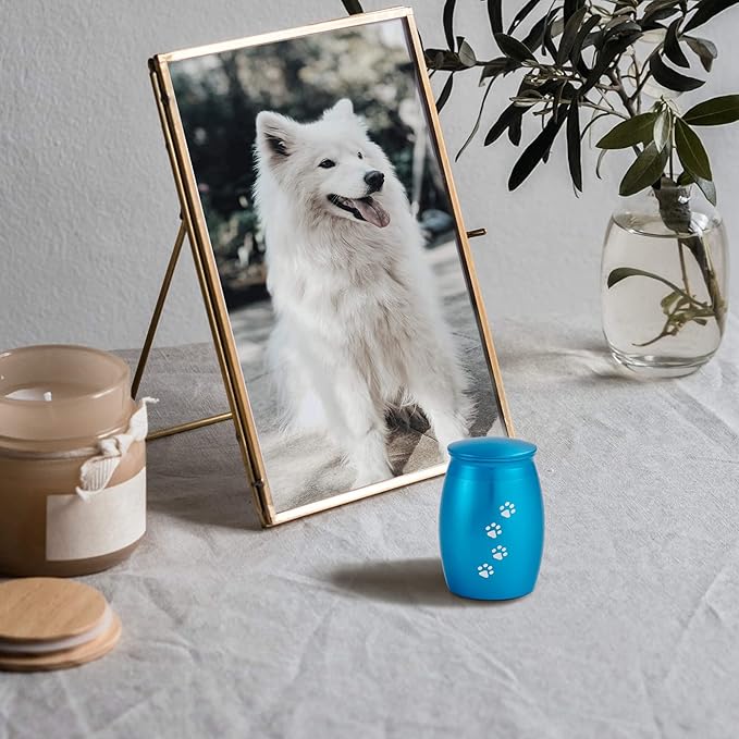 2.67 Inches Small Pet Urns for Memorial Dog or Cat Ashes, Mini Blue Pet Keepsake with Paw Print