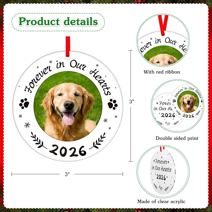 WaaHome Picture Frame Dog Memorial Christmas Ornaments 2026 - Forever in Our Hearts Personalized Pet Memorial Ornaments for Christmas Tree, Pet Remembrance Gifts for Loss of Dogs Cats Pets