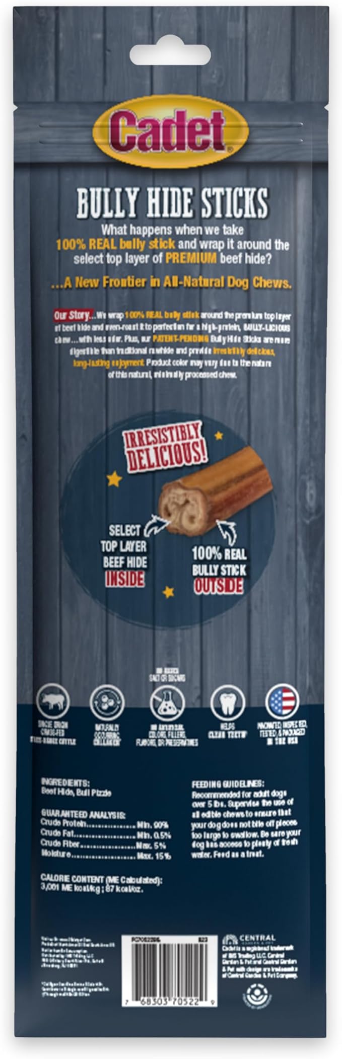 Cadet Bully Hide Sticks for Large Dogs, All-Natural Beef Pizzle, Limited-Ingredient Long-Lasting Dog Chews for Aggressive Chewers, 2 Count (Pack of 2)
