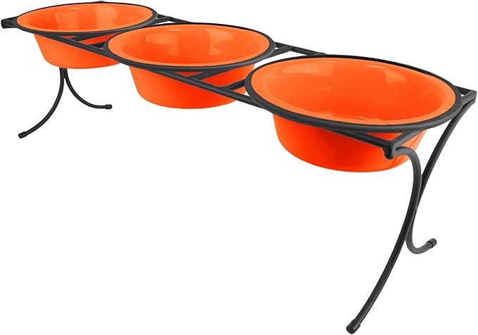 Platinum Pets 4 Cup Bistro Triple Raised Feeder with Stainless Steel Wide Rimmed Bowls, Hunter Orange