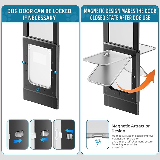 Dog Door for Sliding Glass Door, Magnetic Plastic Flap, Adjustable Height, No-Cut Insert with Lock, Ideal for Renters, Apartments, Patio Black L