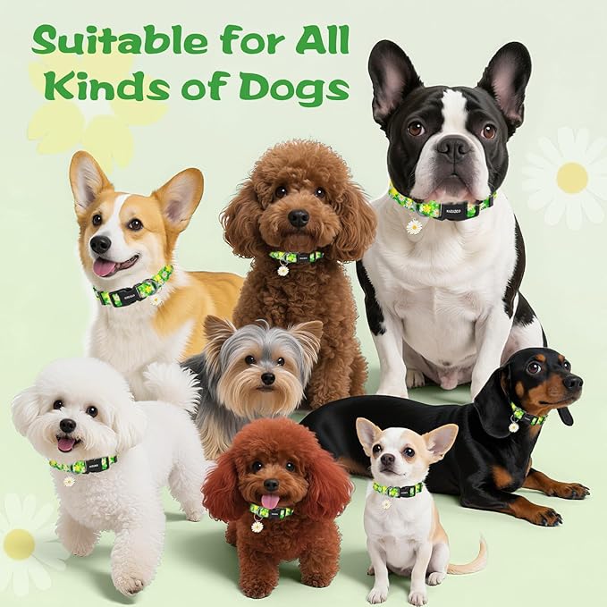 Kazazoo Dog Collar Cute and Soft Nylon Puppy Collar for Boy and Girl, Adjustable Dog Collars for Small Medium Dogs, Green Daisy-M