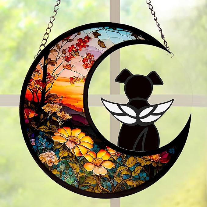 Dog Memorial Gifts for Loss of Dog Suncatcher, Black Angel Dog on Sunset Moon Dog Beverage Glass Ornaments Decor Window Wall Sympathy Gift for Dog Lover