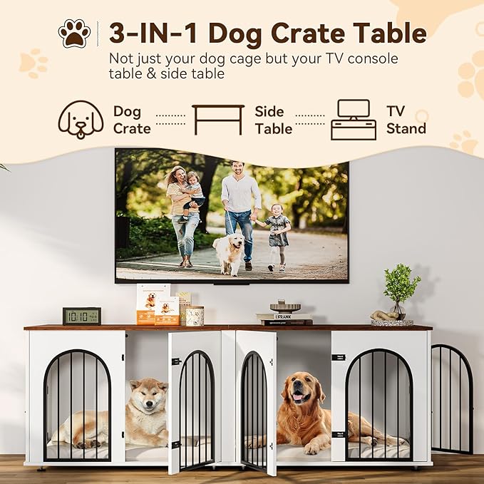 71" Large Dog Crate Furniture for 2 Dogs, Wooden Double Dog Crate, Indoor Dog Kennel TV Stand with Divider and Cushion for Large Medium Dogs, White/Brown