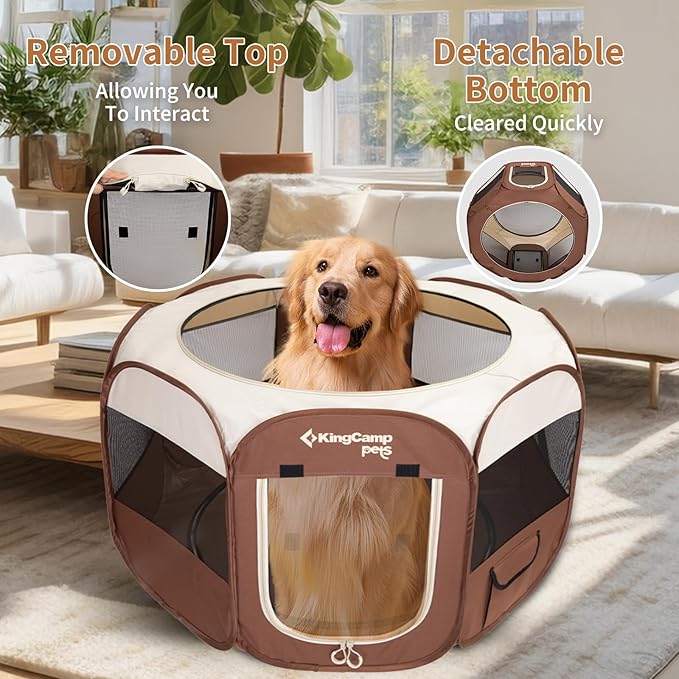 KingCamp Dog Playpen, Portable Foldable Cat Kitten Puppy Tent Crates 29"/36"/50" Pop Up Pet Playpen with Zippered Bottom & Cover for Indoor Outdoor Use (Small, Khaki)