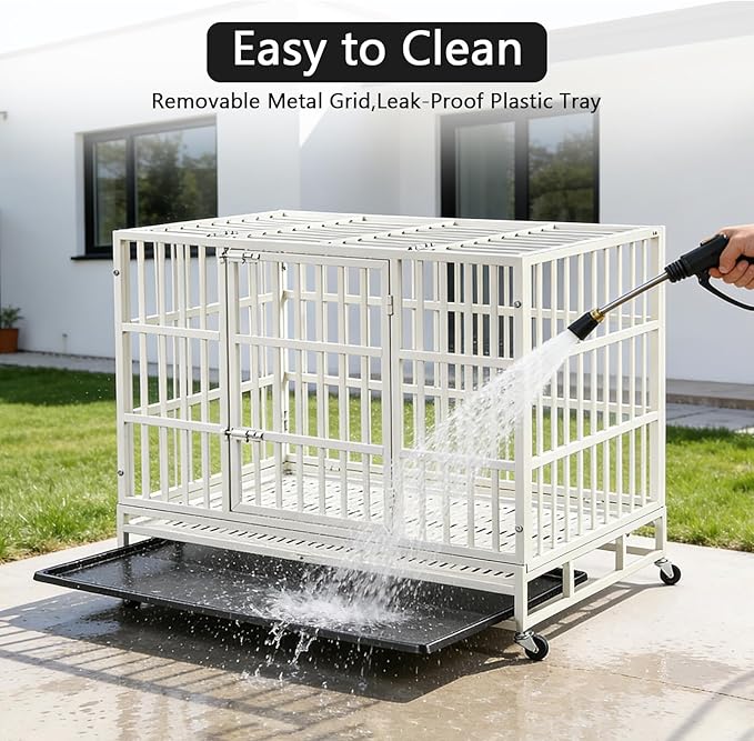 48 Inch Heavy Duty Indestructible Dog Crate with Lockable Wheels & Sturdy Locks, Metal Dog Crate Kennel with Removable Tray, Extra Large XL, White