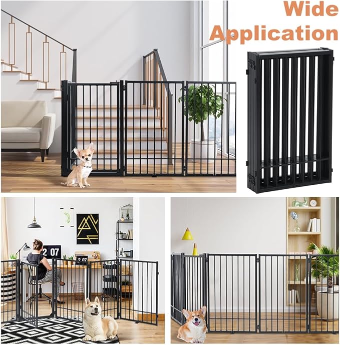 SMONTER Free Standing Dog Gate with Door Walk Through, 120'' Extra Wide Indoor Dog Fence, 31.5'' Height 6 Panels Foldable Metal Pet Puppy Gate for Stairs, Hallways, Doorway