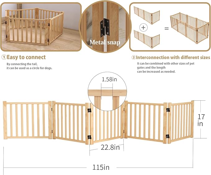Solid Wood Freestanding Pet Gate,Nature Wood Dog Gates for Doorways The House,Pet Gate for Stairs,Freestanding Indoor Gate Safety Fence,16.9" Height-5 Panels