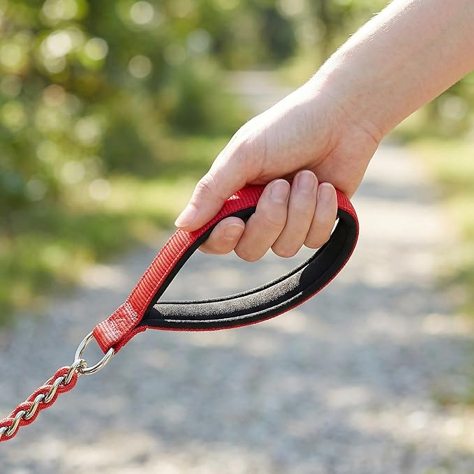 Chew Proof Metal Dog Leash with Built-in P-Chain Collar - 2FT/4FT for Small/Medium/Large Dogs (30-150lb), Anti-Bite Chain Link with Soft Padded Handle, 360° Rotating Clasp Red