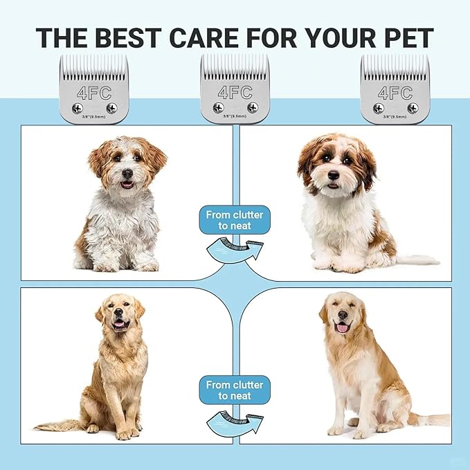 Audoc 3Pack 4FC Blades for Dog Grooming Blades Compatible with Andis,Oster A5,Wahl km10 Dog Clippers,Detachable Dog Clipper Blade for Dog Cat Horse Animal,Size-#4FC, 3/8-Inch Cut Length (9.5mm)